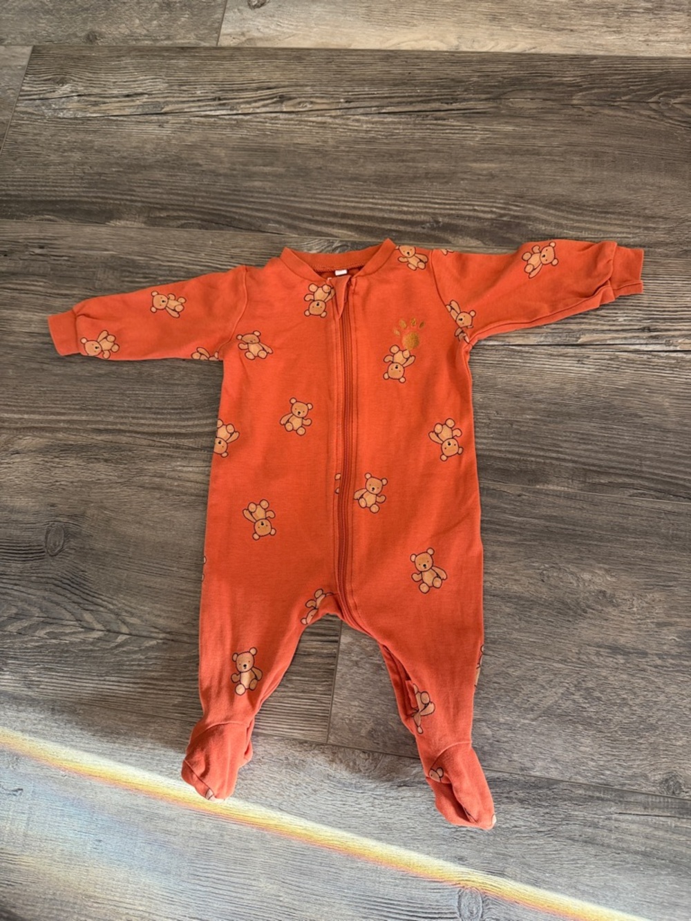 Pekkle Orange Bear Print Zip Footed One-Piece for Kids